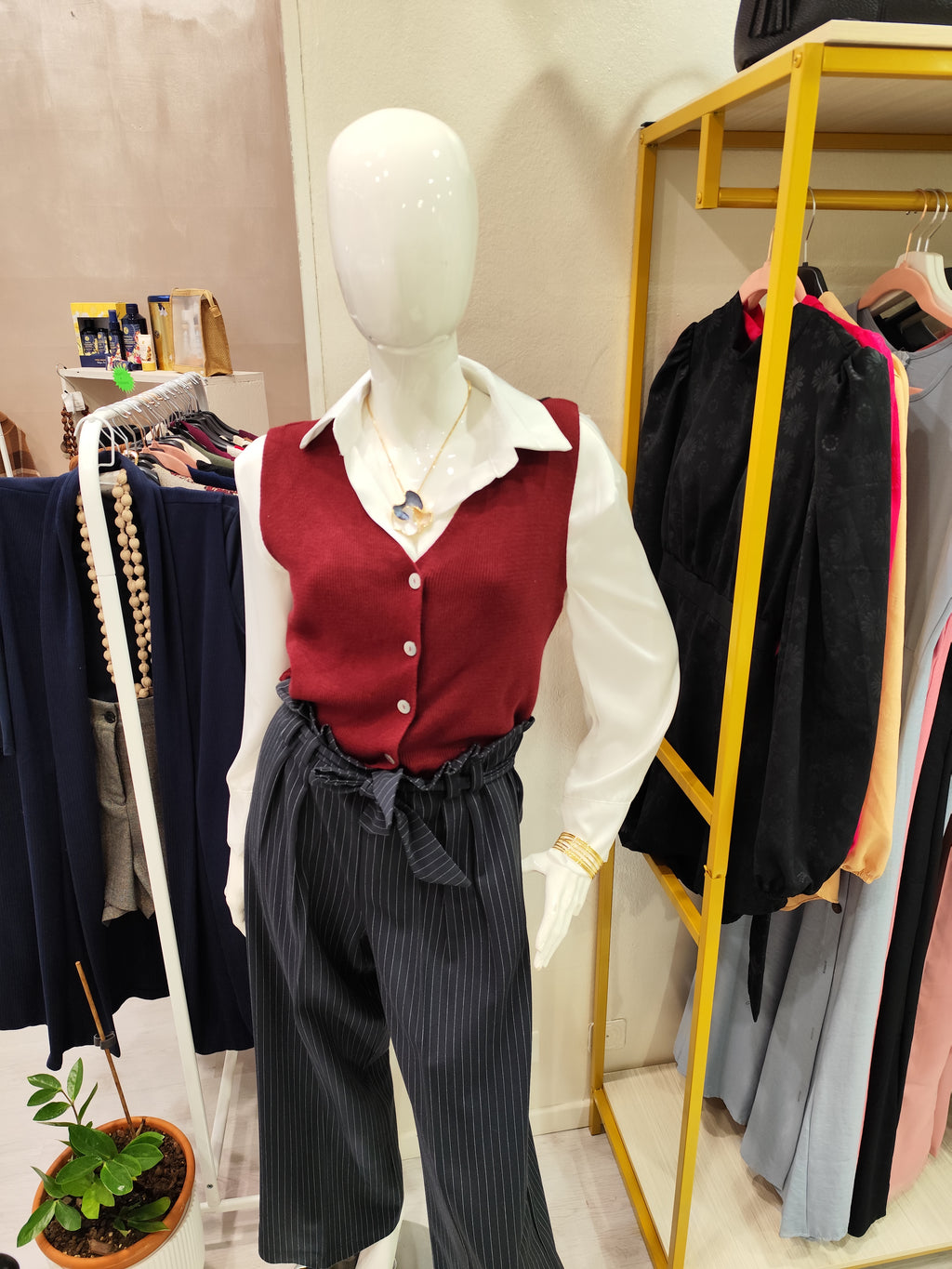 Pantaloni gessati a palazzo paper bag