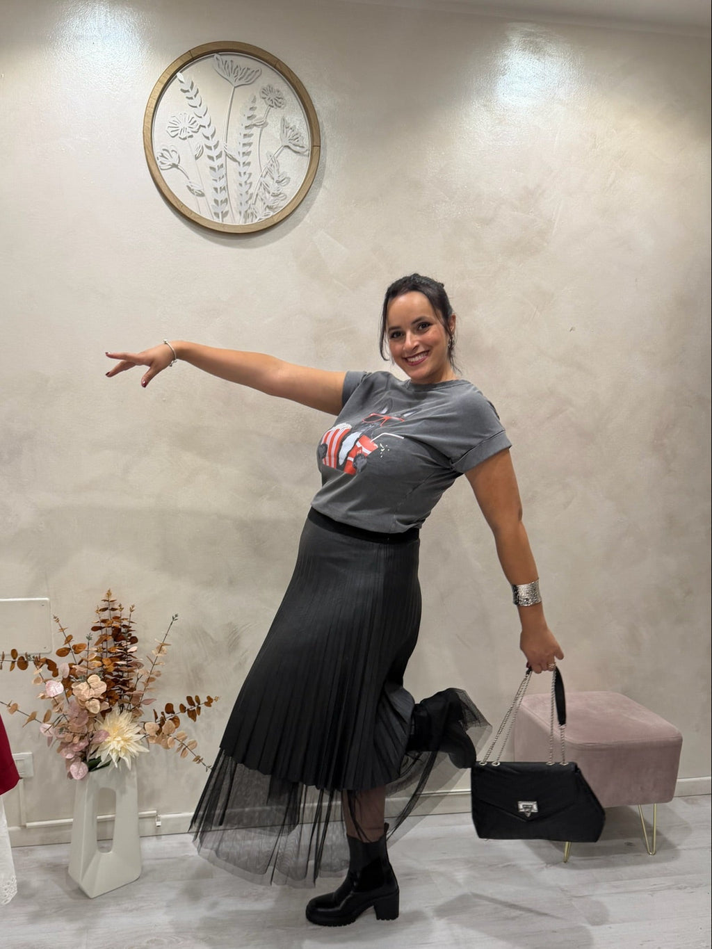 Gonna plissettata in ecopelle e tulle