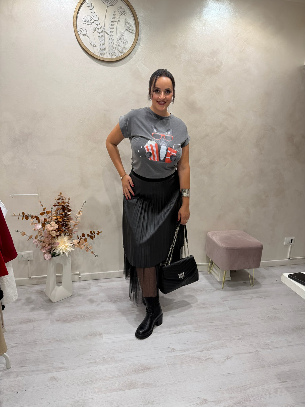 Gonna plissettata in ecopelle e tulle